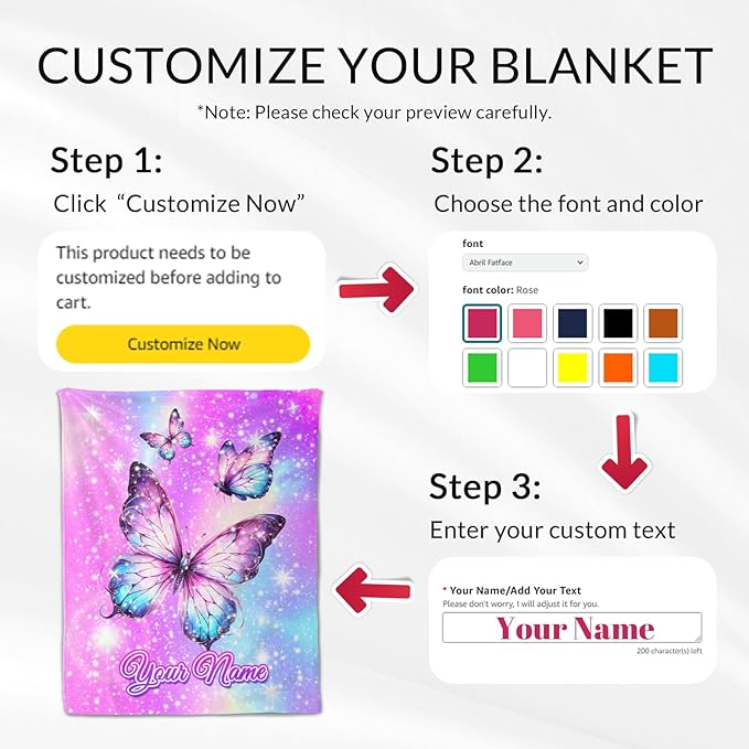 Personalized Blankets for Girls - Butterfly Blankets for Children Warm Fleece Throw Gifts Stuff for Couch, Sofa & Travel