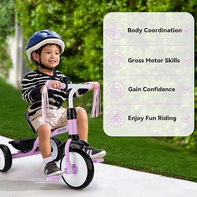 Liberry Toddler Tricycle Age 2 3 4 Years Old, Kids Trike with Bell, Back Basket and Removable Pedal, 3 Wheel Bike Riding Toy Gift for Girls, Purple