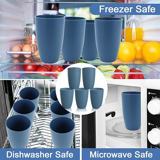 Wheat Straw Cups Large Drinking Cups Set of 6-20 OZ Large Capacity Plastic Tumblers Unbreakable Glasses Drinking Microwave and Dishwasher Safe Kitchen Water Glasses - Blue
