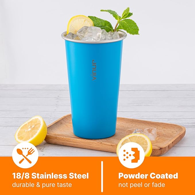 VINUR 20 oz Stainless Steel Cups 4 Pack Pint Tumbler Stackable Metal Drinking Glasses for Travel, Camping, Outdoors (Sky Blue-Orange-Hot Pink-Apple Green)