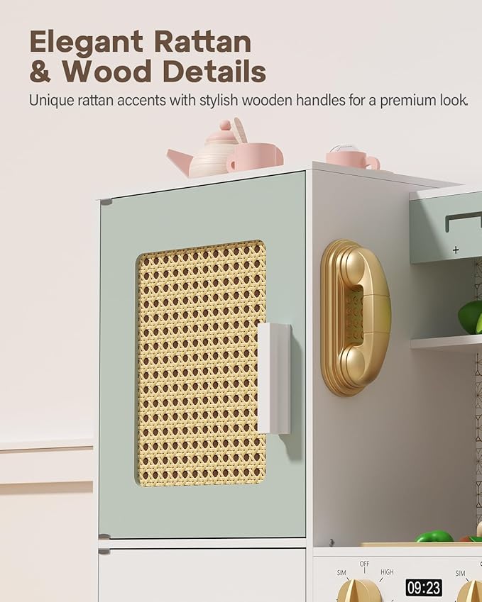 Babytronic Wooden Kitchen Playset for Kids, Pink Pretend Play Kitchen with Lights & Sounds, Retro Style Toy Kitchen for Toddlers Ages 3+, Wooden Play Kitchen Set with Realistic Design (Green)