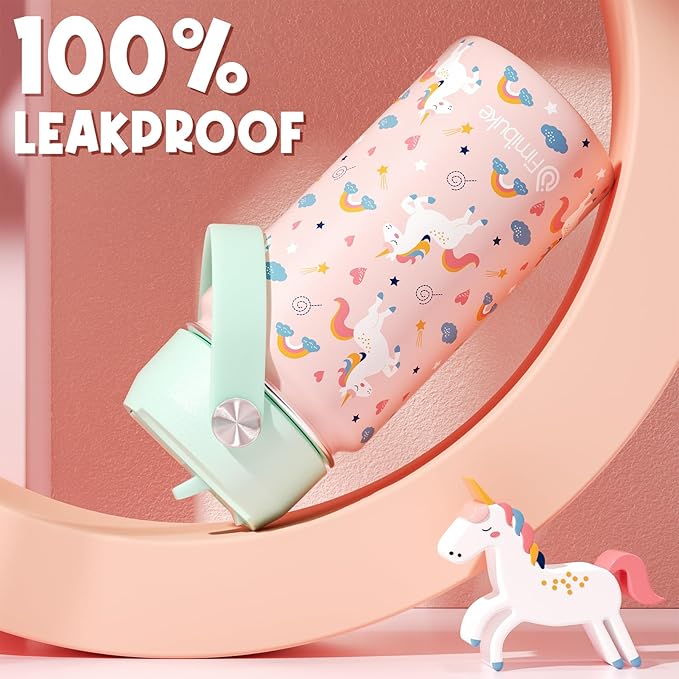 Fimibuke Kids Insulated Water Bottle, 14oz BPA FREE 18/8 Stainless Steel Travel Tumbler Double Wall Vacuum Leak Proof Kids Cup with Straw Metal Water Bottle for School Boys Girls(1 Pack, UNICORN)