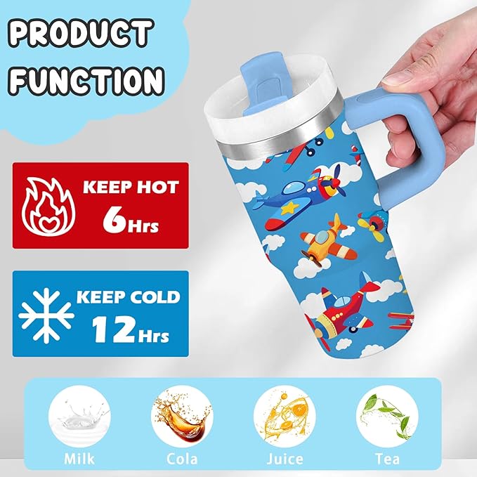 Airplane Gifts for Boys - 14oz Blue Kids Helicopter Airplane Tumbler with Handle and Straw, Stainless Steel Insulated Water Cup, for Sport, School - Airplane Themed Children Birthday Gifts Cup(1pc)