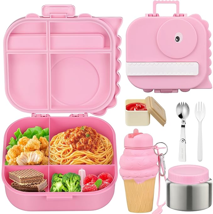 Dinosaur Lunch Box for Kids with Secret Compartment | 4 Compartments Bento Box + 12oz Insulated Food Jar | Leak-Proof Sauce Cup & Collapsible Spoon | BPA-Free, Dishwasher Safe(Grey+Grey Jar)