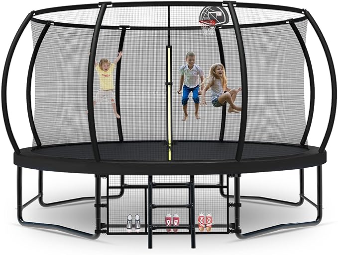 Tatub Large Trampolines Outdoor 10 12 14 15 16FT for Kids and Adults,Outdoor Recreational Pumpkin Trampolines with Curved Poles and Safety Enclosure Net, Basketball Hoop, Ladder