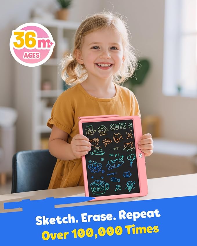 TEKFUN LCD Writing Tablet for Kids Girls Toys, 12 Inch Erasable Drawing Tablet Doodle Board Colorful Doodle Pad, Gifts for Toddlers Girls Adults (Pink)
