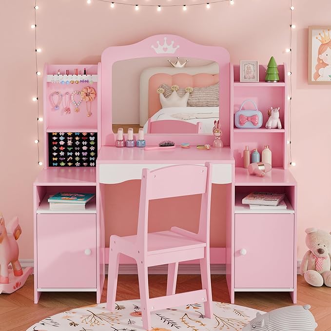 MU Kids Vanity, Girl Vanity Set with Mirror and Stool, 2 in 1 Toddler Makeup Vanity Table with Jewelry Storage, Wooden Princess Makeup Desk Dressing Table for Little Girls, (Pink)