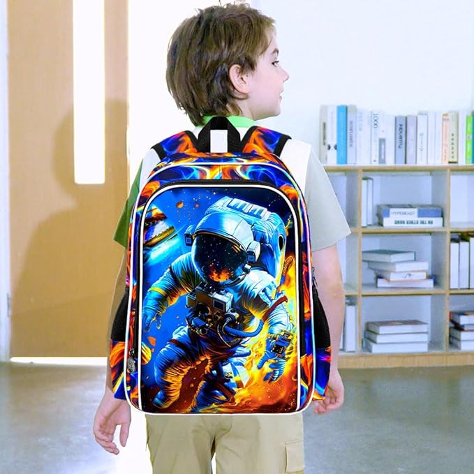 3Pcs Space Backpack for Boy, 17" Fire Bookbag for Elementary Preschool Kindergarten, Kids School Backpacks with Lunch Box (Red)