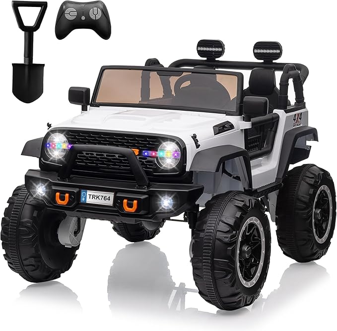 2 Seats 24V Kids Ride on Truck with Remote Control, Battery Powered Electric Ride Car Toy for 3-8 Years, 4 Motors,20" Seat Width for 2 Seaters, LED Light,Music,High/Low Speeds,Shovel, USB (White)