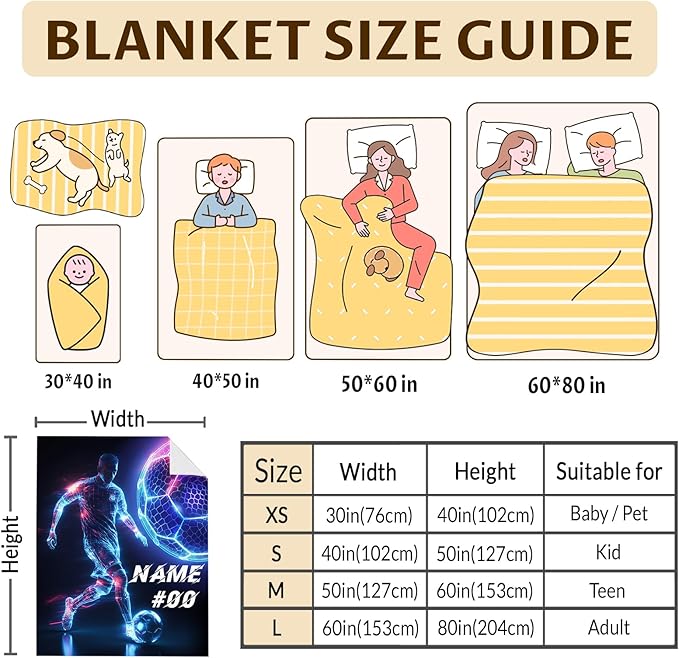 Custom Soccer Blanket for Boys, Soccer Gift for Kids 8-12, 50 x 40 Inches Lightweight Blanket for Soccer Lovers, Comfy Soft Warm Flannel Blanket for Bed Sofa Room Decor, Camping, Travel, Soccer Club