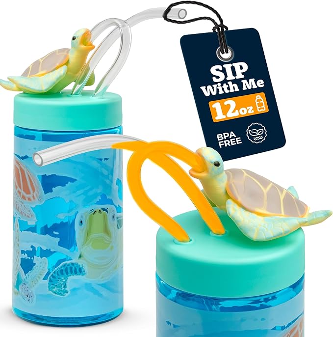 Kids Water Bottle, Toddler Cups, Tumbler with Lid and Straw, Travel Sippy Cup for Water or Milk, Kids Cups with Lids for Toddlers 3 and Up, BPA Free Plastic, 12 oz (Sealife Sea Turtle)