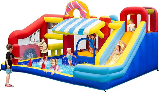 VIVOHOME 9 in 1 Bounce House for Kids, Market Theme Inflatable Bouncy Castle with Slide, 13x11 FT Inflated Bouncer for Outdoor with Blower, Basketball, Climb, Jump Area, Ball, Water Pool, Hoop
