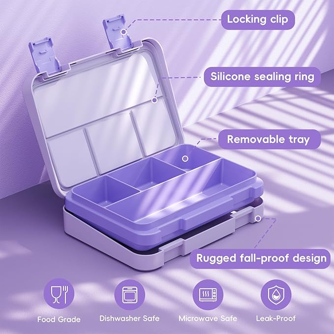 Bento Lunch Box for Kids, 4 Compartments Kids Leak Proof Back to School Bento Lunch Boxes Food Containers for School, Travel, On-the-Go Meal, Food Grade, Microwave, Dishwasher Safe