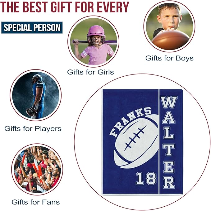 Personalized Football Blankets with Name Numbers, Custom Football Team Game Throw Flannel Blankets Stuff Gifts for Boys Sports Lover Fans Kids Adult