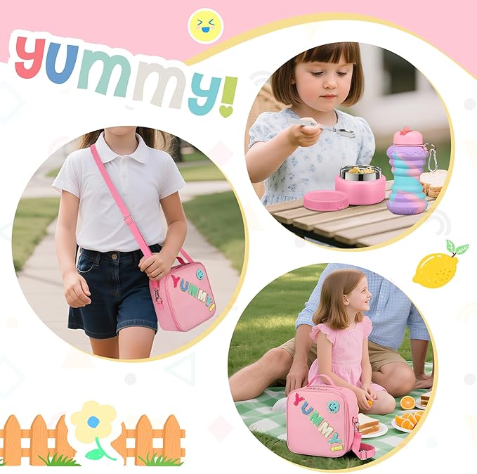 Bento Lunch Box with 10oz Soup Thermo for Kids Insulated Lunch Bag & Foldable Silicone Cup Food Leak Proof Food Container with 5 Compartment for Kid to Shool Travel