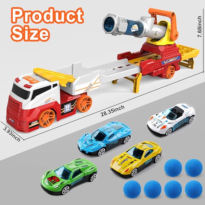 Dwi Dowellin Truck Toys for Kids, 28" Large Car Toys Include 4 Racing Cars+6 Ball, with Light & Sounds, Eejection&Shooting Transport Cars Toy, Gifts for Boys Girls-RED