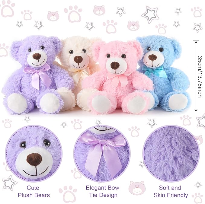 Civaner 4 Pack 14 Inches Bear Plush Stuffed Animals Operation Christmas Cute Soft Bears Gifts Bulk for Girls Boys Girlfriend(Pink, Blue, White, Purple)