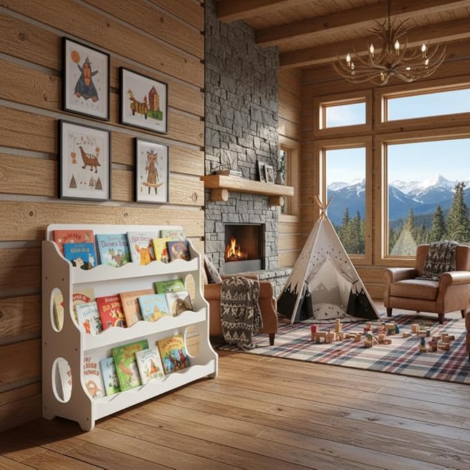 Kids Bookshelf Wooden Montessori Book Shelf Dutch Design 3Tier Scalloped White Gift