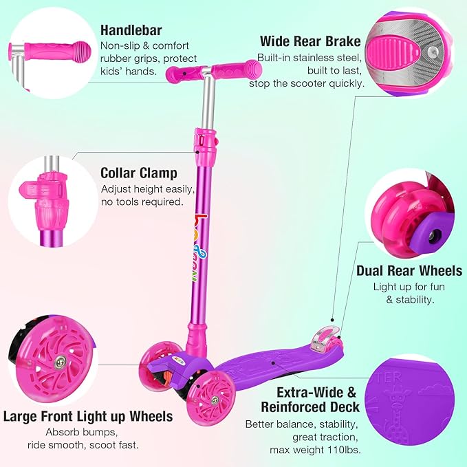 BELEEV Scooters for Kids 3 Wheel Kick Scooter for Toddlers Girls Boys, 4 Adjustable Height, Lean to Steer, Light up Wheels, Extra-Wide Deck, Easy to Assemble for Children Ages 3-12 (Rose Pink)