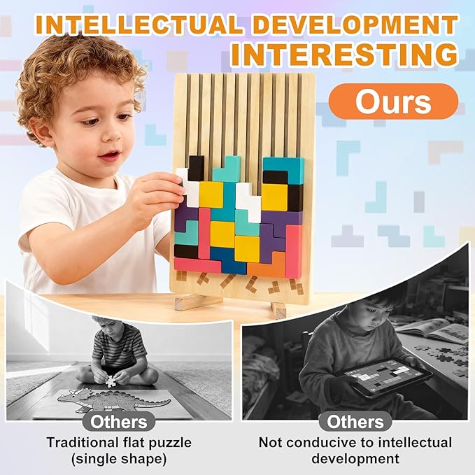 Wooden Montessori Russian Blocks Puzzle – 3D Stacking Toy for 3-6 Year Olds Toddlers Educational Gift & Brain Teaser for Critical Thinking Montessori Brain Blocks for Boys & Girls (Classic)