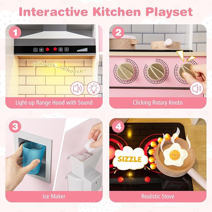 HONEY JOY Kids Kitchen Playset, Wooden Little Girls Toy Kitchen Set with Lights, Ice Maker, Cookware, Range Hood, Stove, Storage Cabinet, Blackboard, Pretend Play Kitchen for Toddlers, Pink