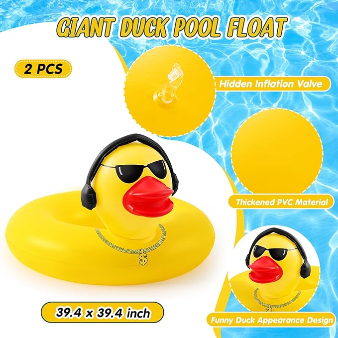 Hungdao 2 Pcs Funny Duck Pool Floats Large 39.4'' Rubber Ducks Floatie Inflatable Tube Swim Ring Giant for Summer Beach Swimming Pool Carnival Birthday Party Floaty Supplies Adults(Earphone)