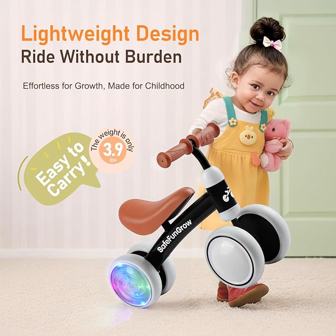 Colorful Lighting Baby Balance Bike Toys for 1 Year Old Boys Gifts, Balance Bike 1 Year Old No Pedal, 12-24 Months Toddler Ride on Toys with 4 Silent Wheels & Soft Seat, 1st Birthday Gifts, Black