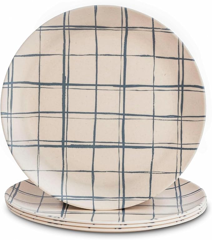 4-Pack Bamboo Fiber Dinner Plates - Alternative for Plastic Plates, Toddler & Kids Plates, Dishwasher Safe, Food-Grade Bamboo Plates Reusable - Lightweight Dinner Plates (French Checks 10")