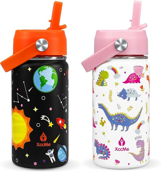 Kids Water Bottle With Straw Lid,2 PACK 14 oz Stainless Steel Travel Bottle,Double Wall Leak Proof Kids Cup,Insulated Tumbler for Toddlers,Metal Bottle for School Boys Girls((Space+Dinosaur)