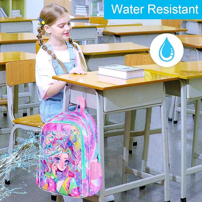 CCJPX 3PCS Backpack for Girls, 16" Unicorn Water Resistant Preschool Bookbag with Lunch Box, Kids Princess School Bags for Elementary Kindergarten Toddler