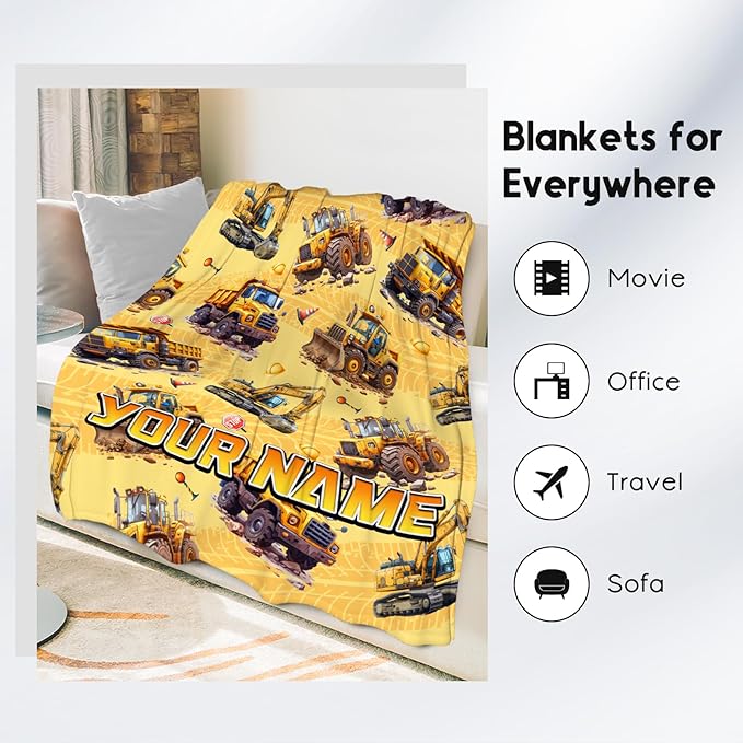 Toddler Blanket for Boys - Custom Construction Truck Gifts for Kids - Personalized Excavator Fleece Throws for Couch Sofa (4 Sizes)