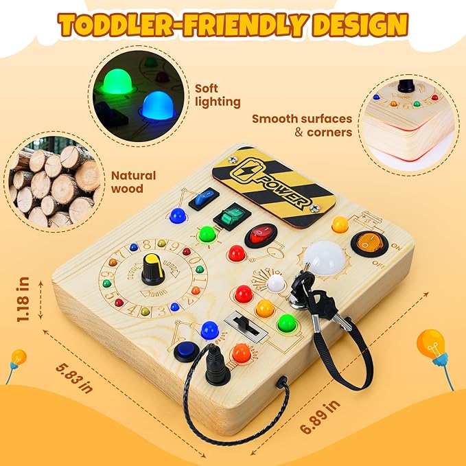 Montessori Busy Board, Wooden Sensory Toy for Toddler with LED Light, Educational Travel Toy, Christmas Birthday Gifts for Toddler