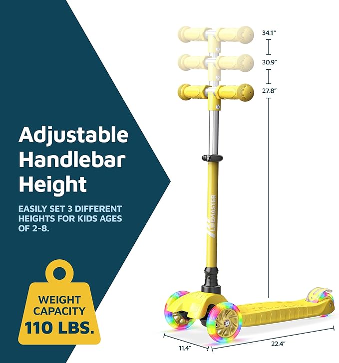 Lifemaster Mini 3-Wheel Kids Scooter with Multi-Color Wheel Lights – 4-Height Adjustable Handlebar, Wide Anti-Slip Deck, Child Safety Certified, Boys & Girls Ages 2+ Supports Up to 110 lbs