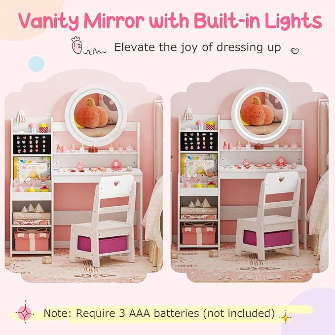 Costzon Kids Vanity, Girls Vanity Set with Mirror and Lights, Jewelry Storage, Shelves, Princess Toddler Makeup Vanity Desk Dressing Table, Wooden Kids Vanity Table and Chair Set (White)