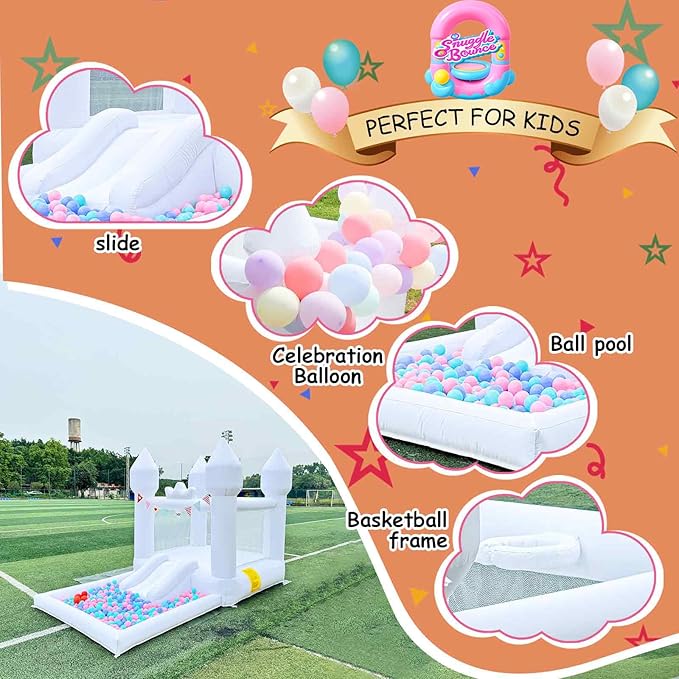 12.5FTx7.1FT White Inflatable Bounce House Inflatable Castle with Slide and Ball Pool Indoor and Outdoor Toys for Active Kids Used for Inflatable Products for Birthday Parties and Holiday Decorations
