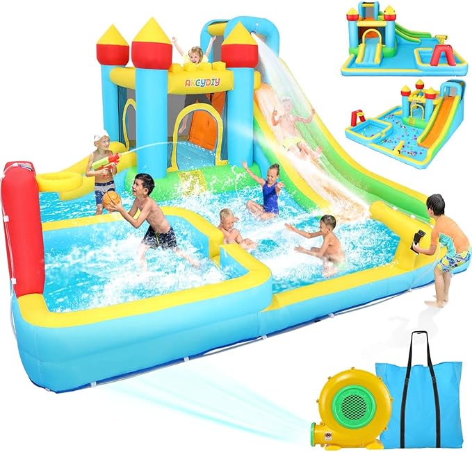 AKEYDIY Bounce House Water Slide, Inflatable Water Slide Park with with Long Slide, Pool, Climbing Wall, Water Gun for Outdoor, Blow up Water Slides Bounce House Castle for Kids Backyard Party Gifts