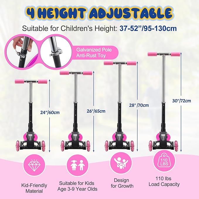 Heavy-Duty Kids 3-Wheel Scooter – Adjustable Height Handlebar, Sturdy Metal Frame, Non-Slip Deck, Foldable, for Ages 2+ (110 lbs Capacity)