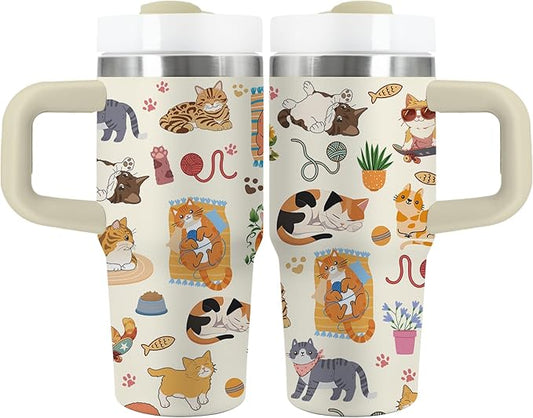 Cat Gifts for Girls - 14oz Cute Cats Kids Tumbler with Handle and Straw, Stainless Steel Insulated Water Cup, Leak Proof, for Sport, School, Travel - Funny Cat Lovers Children Birthday Gifts Cups(1pc)