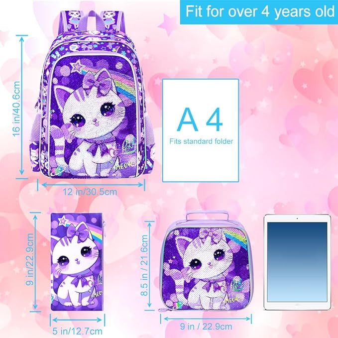 CCJPX 16" Cat Backpack for Girls, 3Pcs Kids Preschool Bookbag, Cute Water Sequin Resistant School Bag for Teen Kindergarten Toddler (Purple)