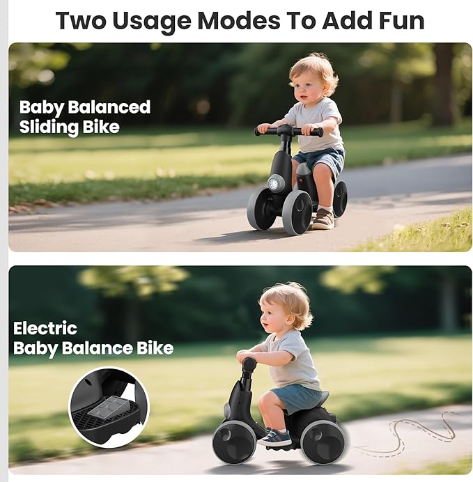 Electric Baby Balance Bike with Bubble Machine for 1 Year Old Boys Girls 4 in 1 Toddler Balance Bike 12-48 Month Kids Bubble Bike Ride Toys First Birthday Gift with Powered Motor,Music,LED Lights