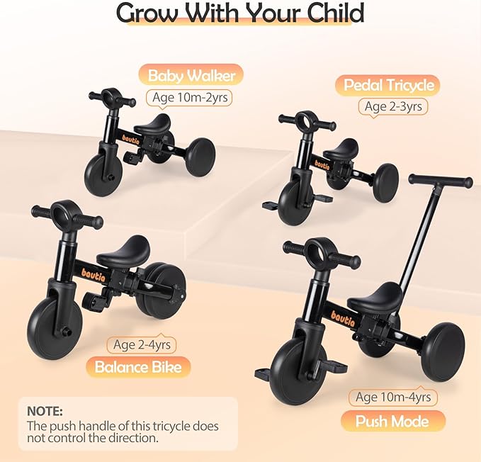 Tricycle for Toddlers 1-3 with Push Handle, 5 in 1 Baby Balance Bike for 1-4 Years Old Kids Toy, Boys Girls Bicycle Gift with Removable Pedals, Black (No Parent Steering Version)