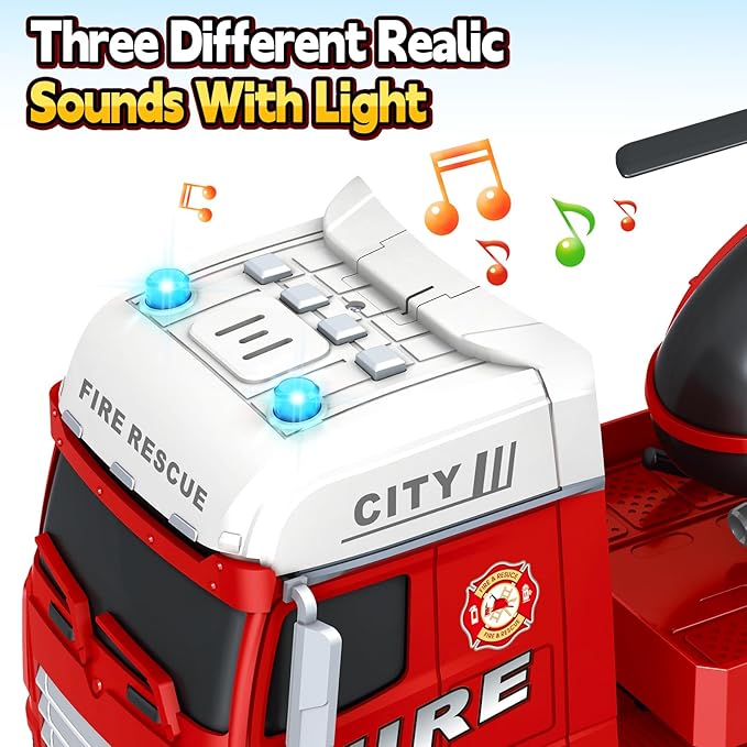 SpringFlower Truck Toddler Boy Toys, 25" Large Fire Truck Toy with Racing Car and Helicopter,3 in 1 Lights Sounds Fire Boy Vehicle, Christmas Birthday Gifts for Kids 3 4 5 6 Years Old