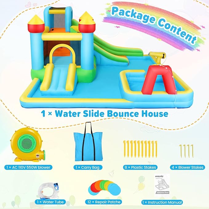 AKEYDIY Bounce House Water Slide, Inflatable Water Slide Park with with Long Slide, Pool, Climbing Wall, Water Gun for Outdoor, Blow up Water Slides Bounce House Castle for Kids Backyard Party Gifts
