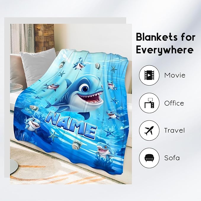 Custom Shark Blanket - Personalized Throw Gifts for Kids Boys - Flannel Cozy Blankets for Living Room, Office, 4 Size
