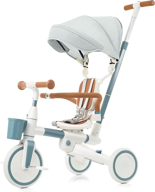 Foldable Kids Tricycle with Adjustable Pedals, Removable Canopy & Cup Holder Safe, Portable Toddler Bike Age 18-72 Months