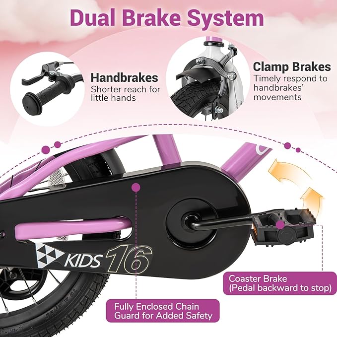 COSTWAY 12/14/16/18 Inch Kids Bike, Children Toddler Bicycle with Training Wheels, Adjustable Seat & Handlebar, Handbrake & Coaster Brake, Reflectors, Bell, Suitable for 3-8 Years Old Boys Girls
