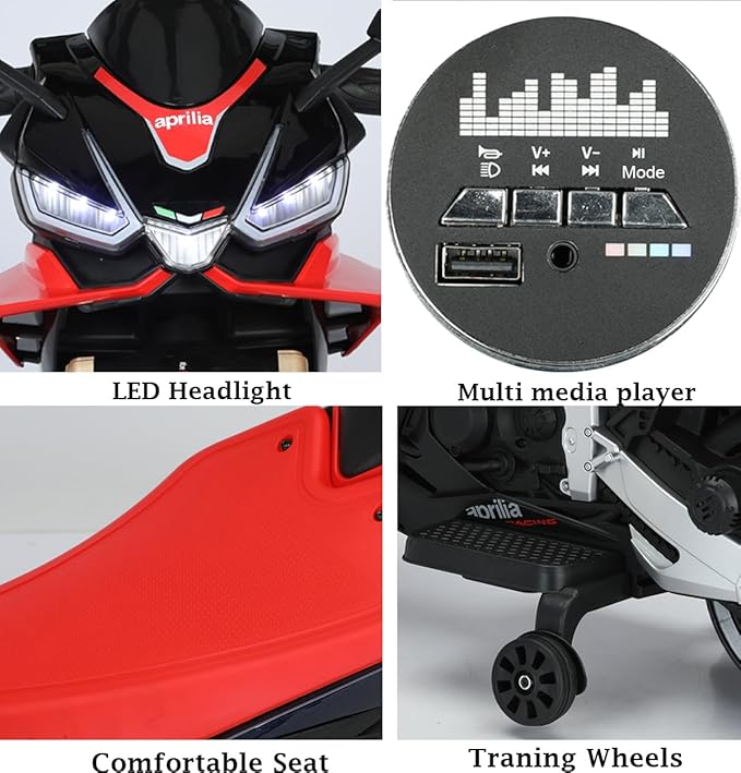 12V Kids Motorcycle, Electric Motorcycle for Kids with Long Battery Life, Top Speed to 3mph, Aprilia Licensed Ride On Motorcycle with EVA Wheels, Training Wheels, Large Seat-Black