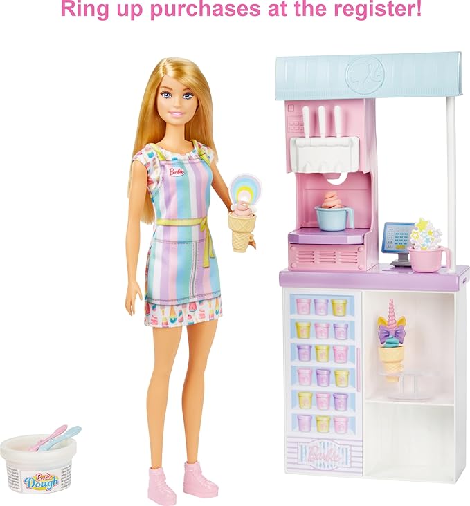 Barbie Careers Playset, Ice Cream Shop Set with Blonde Fashion Doll, Ice Cream Machine, Molds, Dough & Accessories