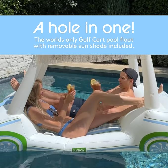 FUNBOY Country Club Golf Cart Pool Float, Two Cup Holders, Removable Fringe Shade, Float for Summer Pool Party and Entertainment