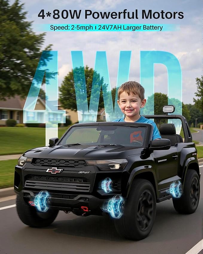 Joywhale 24V Ride on Truck 4WD Kids Electric Vehicle Licensed Chevorlet Ride on car with 7AH Big Battery, 320W Powerful Motors, 2 Seats, Music, 4 Wheel Suspension, 2 Speeds, LED Lights,Black